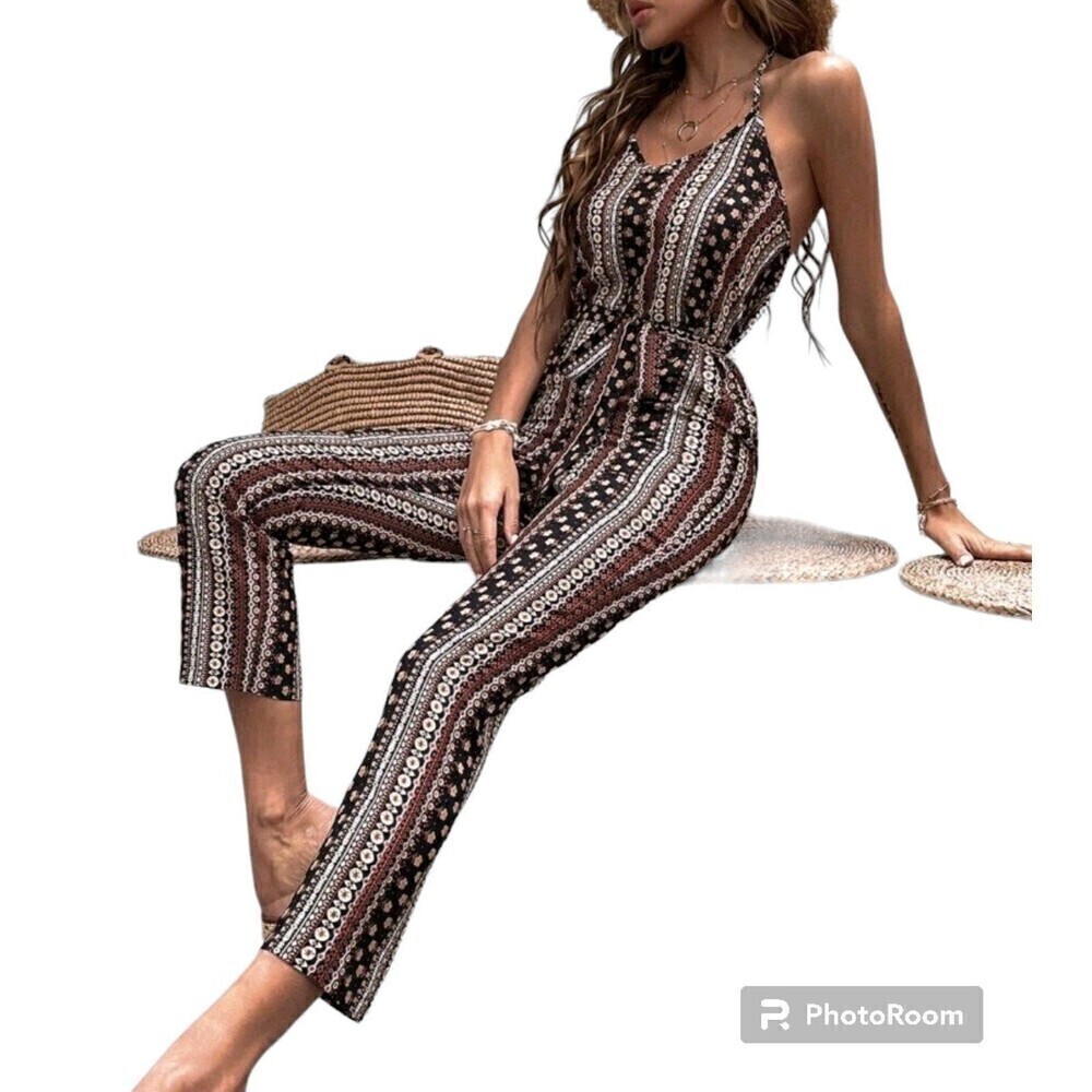 Women's Boho Floral & Geo Print Tie Back Belted Halter Jumpsuit Size Small - Picture 3 of 8
